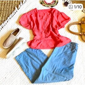 3pc outfit bundle Coral Blouse & Lucca Blue chambray Pants Outfit w/tan slip Ons